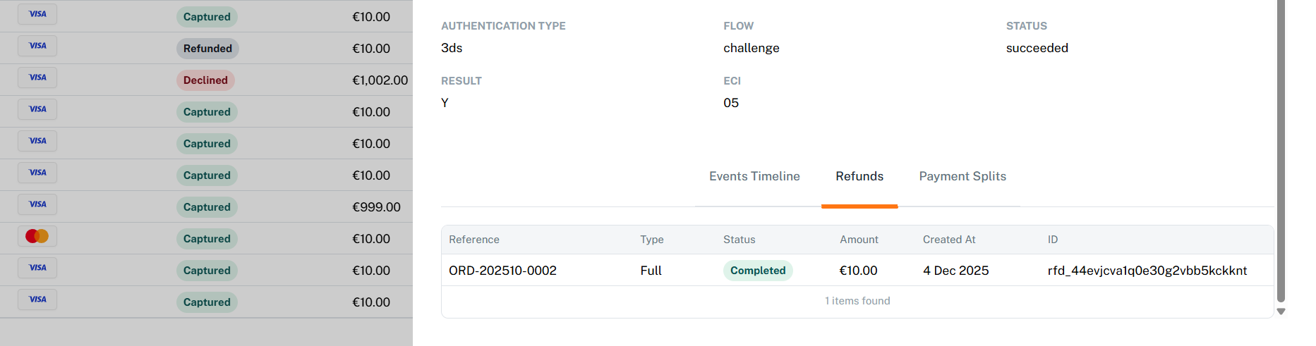 Refunded payment in the dashboard