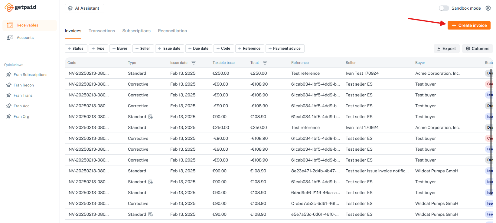 Create standard invoice button