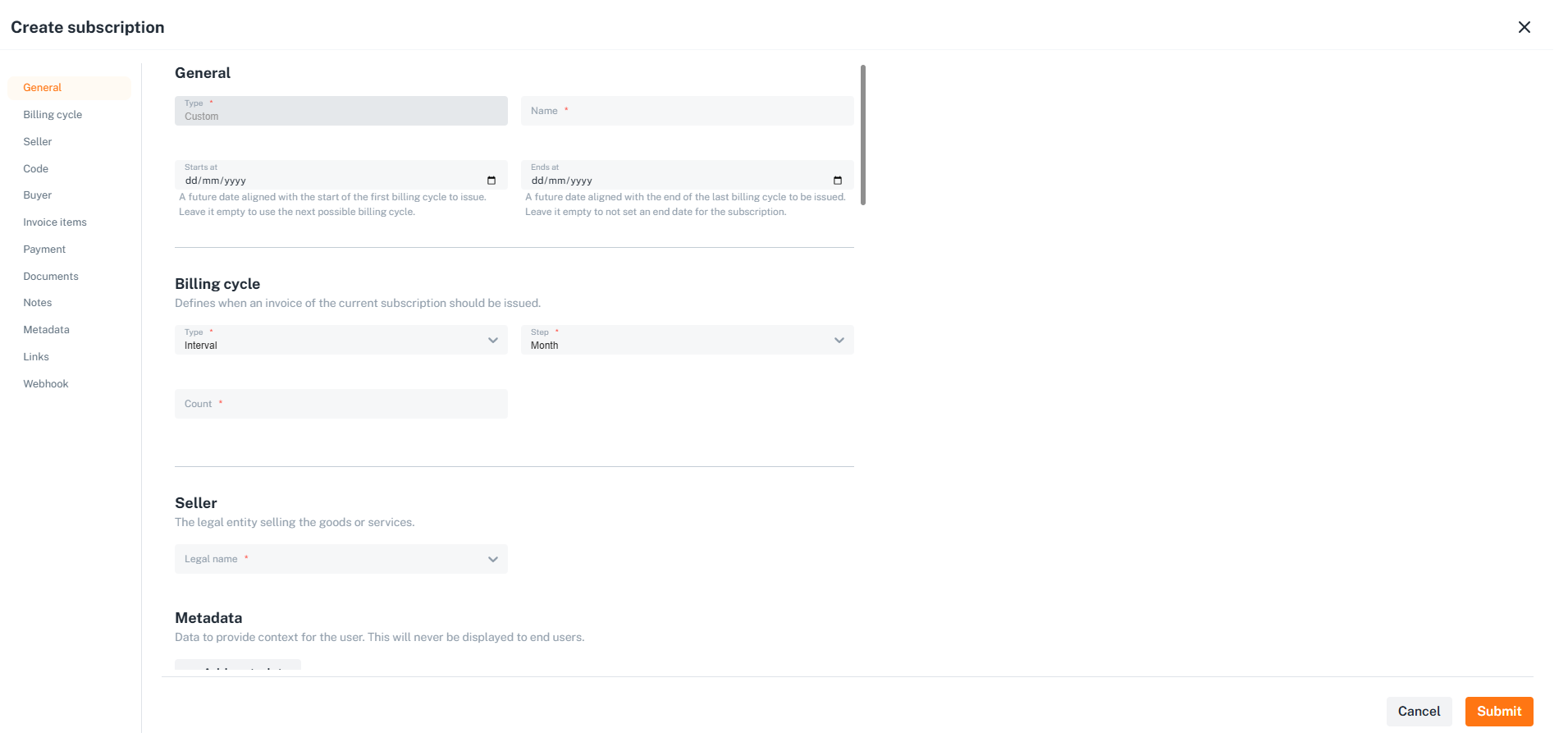 Create subscription form