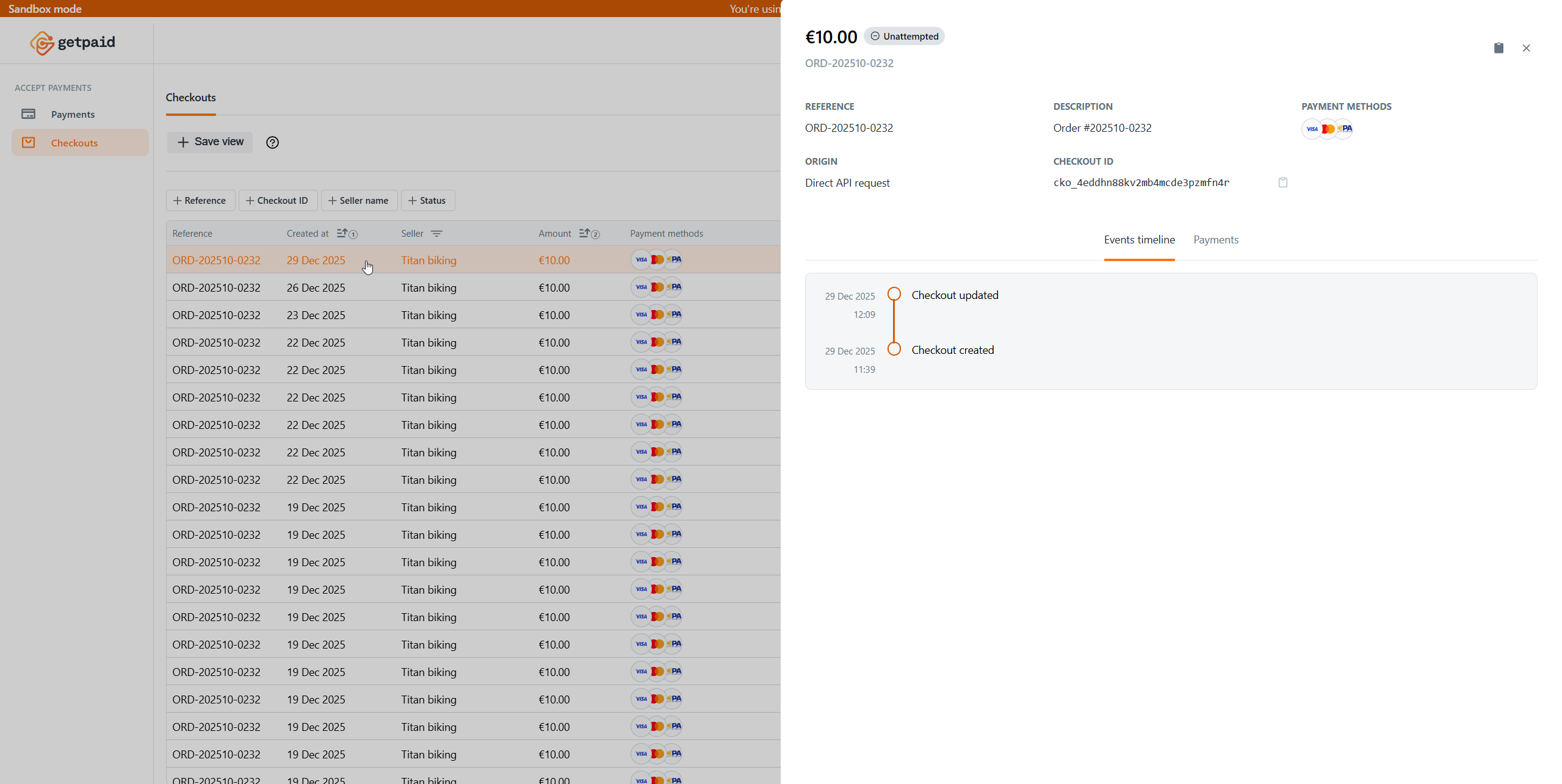 Checkouts details after clicking on a results row in the Getpaid Dashboard
