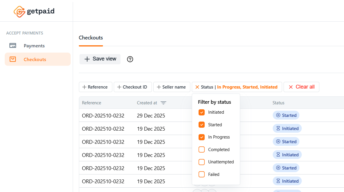 Filtering checkouts in the Getpaid Dashboard