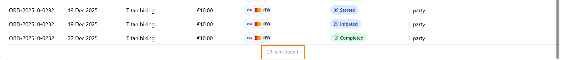 End of search results in the Getpaid Dashboard