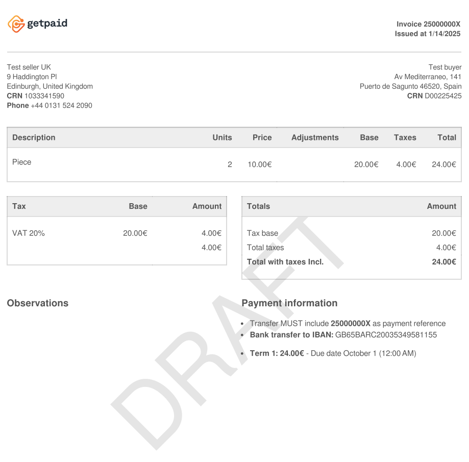 Draft invoice document with watermark