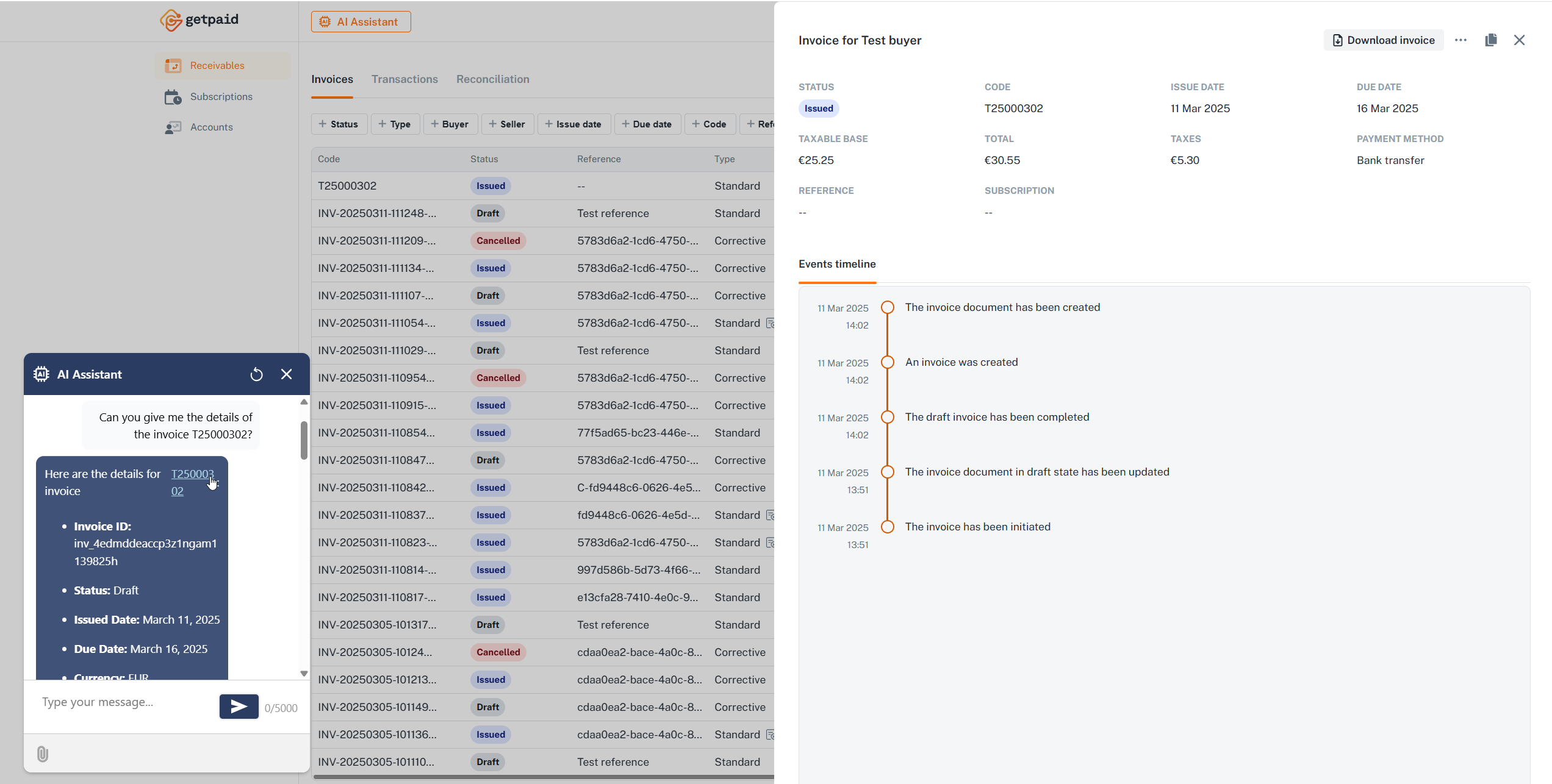 Invoice details open using an AI assistant link