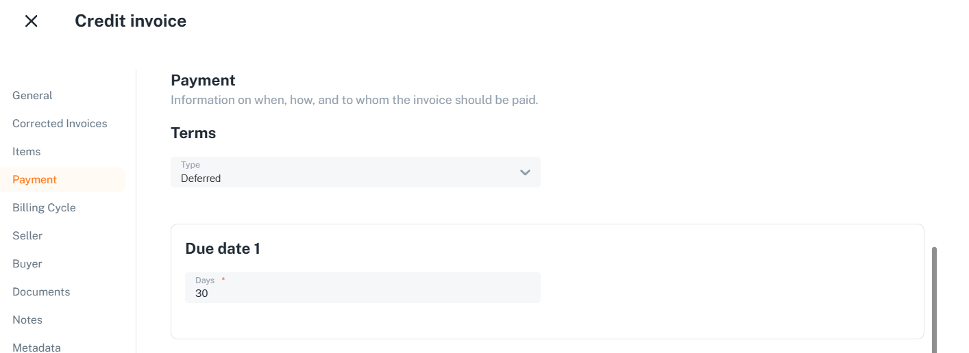 Deferred payment terms in invoices forms in getpaid dashboard