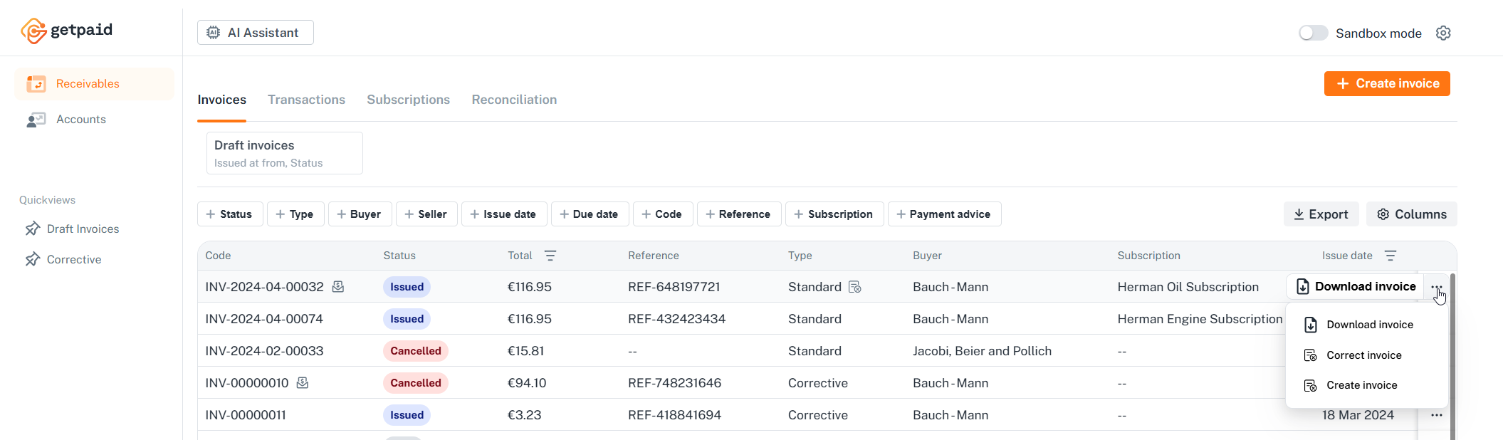 Invoice table quick actions