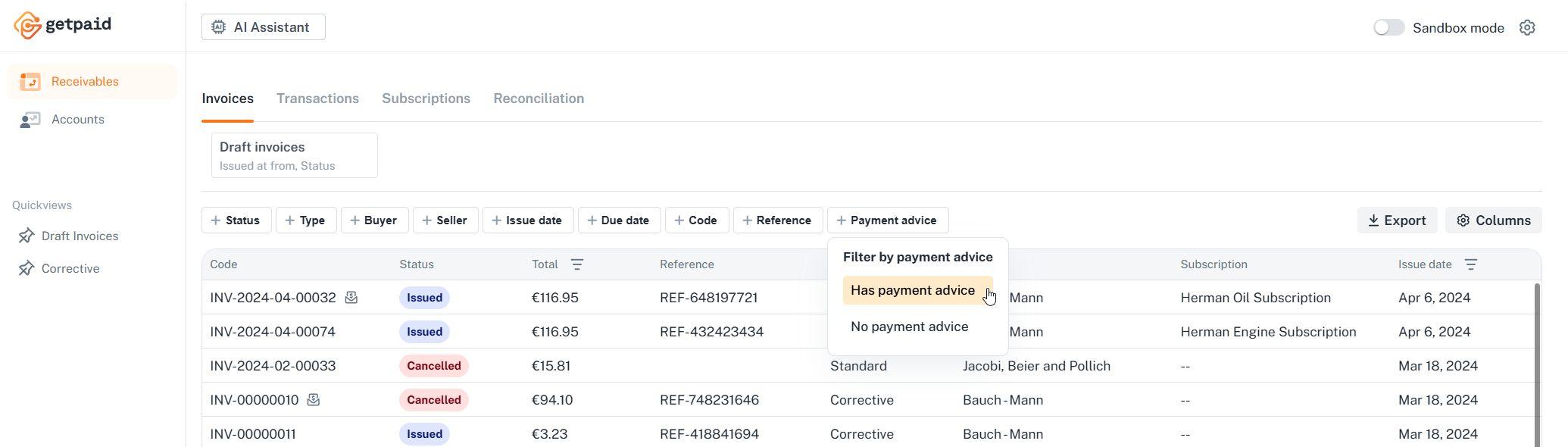 Payment advice hint in invoices list