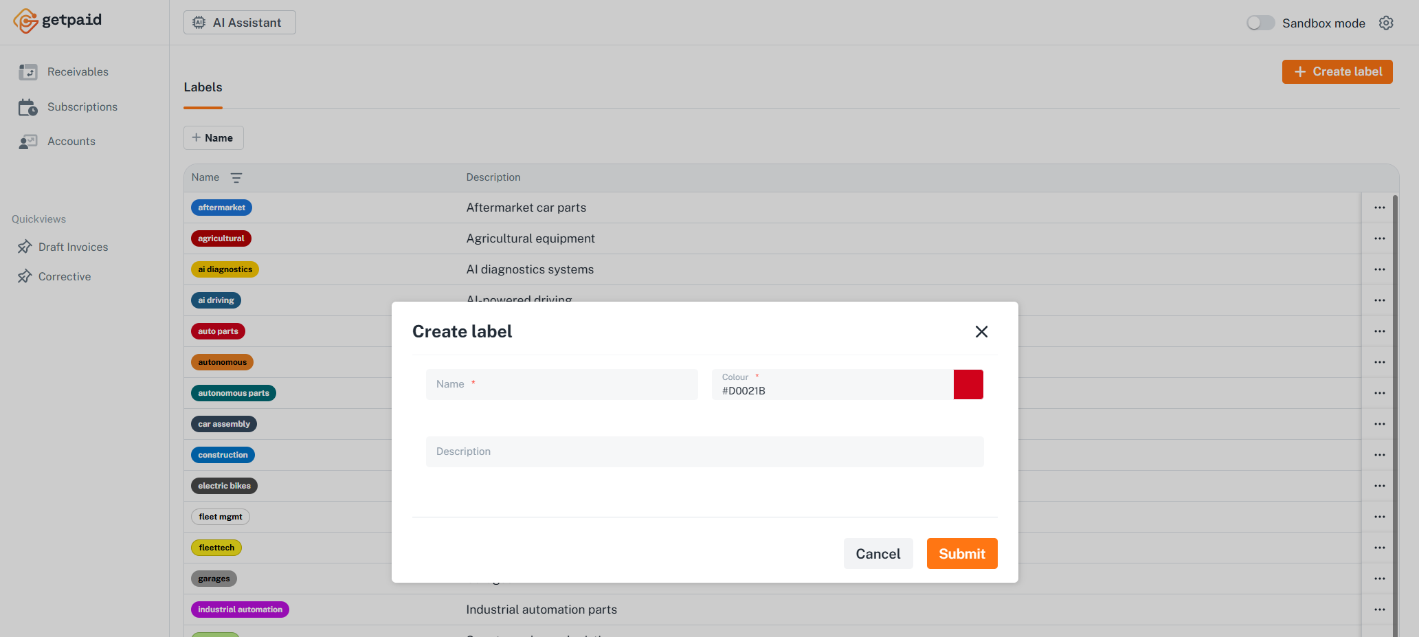 Labels in getpaid dashboard