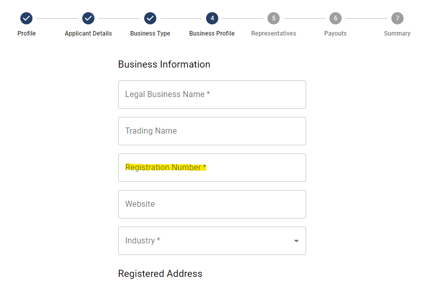 Hosted onboarding page, step 4, registration number field