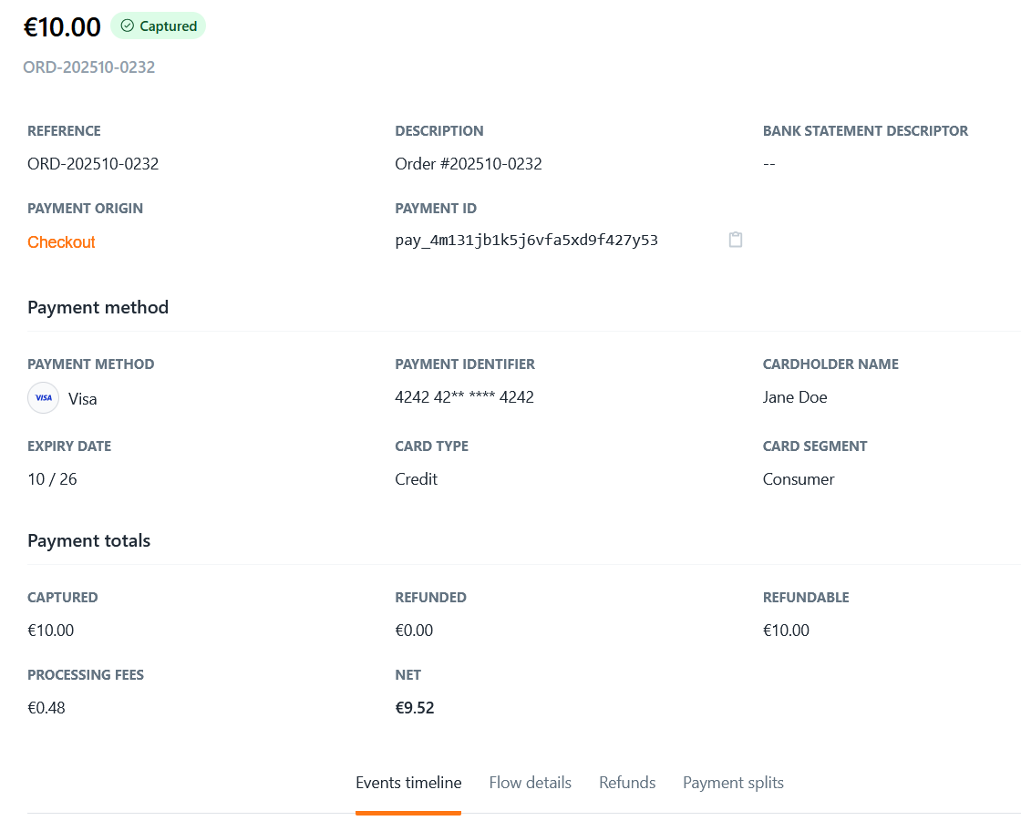 Dashboard payment details