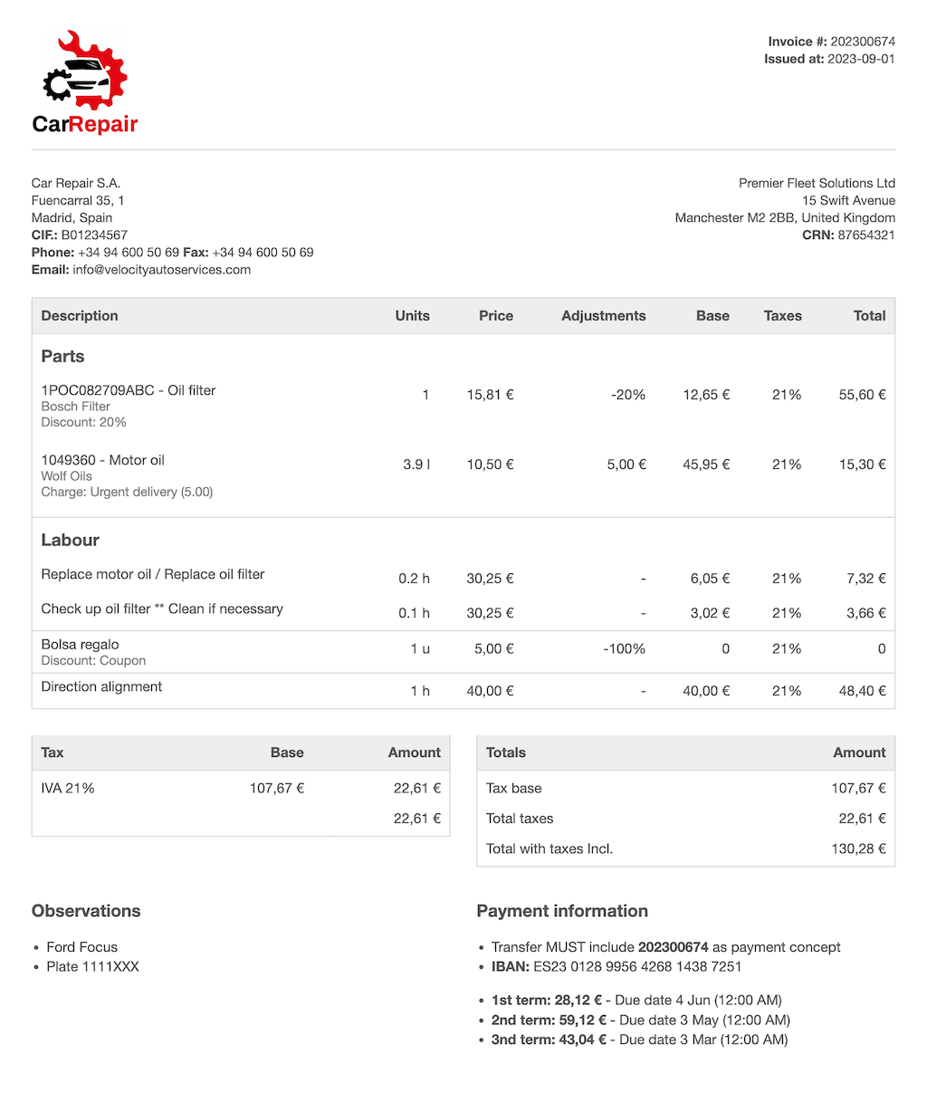 Invoice document in PDF