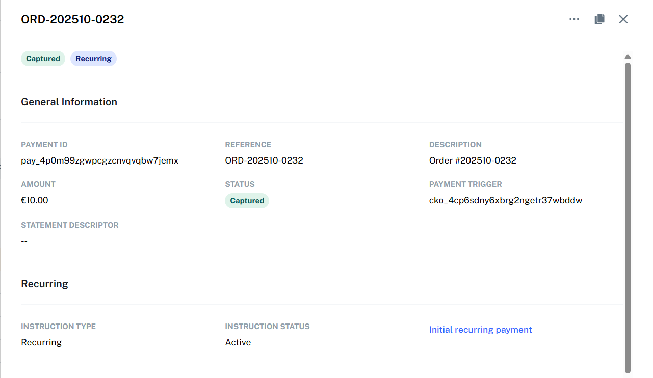 Initial recurring payment in the dashboard