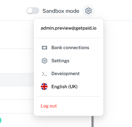 Settings menu in getpaid dashboard