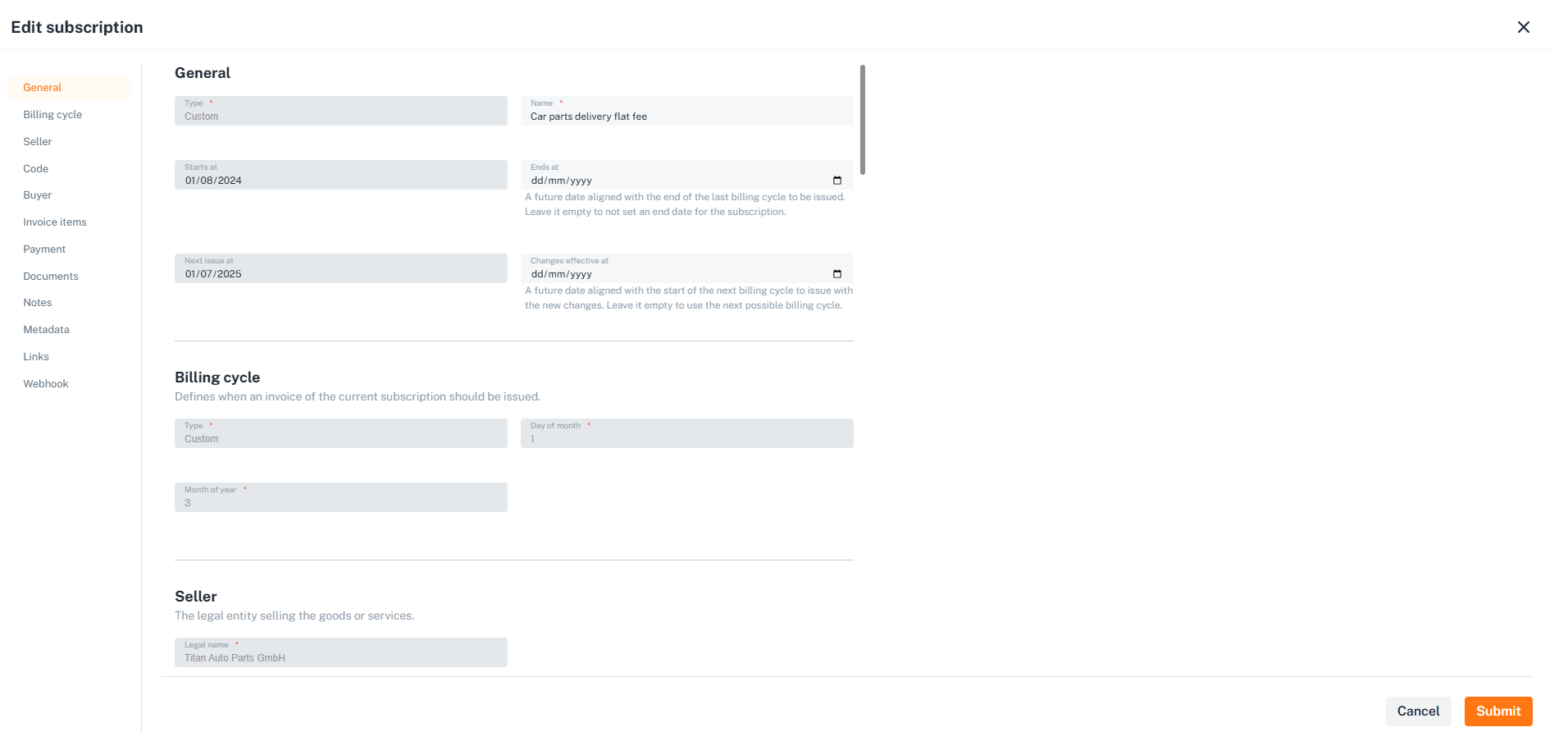 Edit subscription form